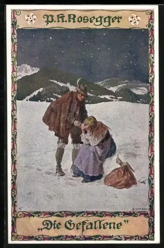 Künstler-AK Ernst Kutzer: P. Rosegger, Die Gefallene, Frau sitzt im Schnee und weint