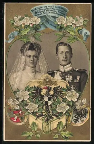 AK Kronprinz Wilhelm von Preussen mit Herzogin Cecilie v.Meklenburg-Schwerin, Erinnerung a.d.Vermählung 1905, Wappen