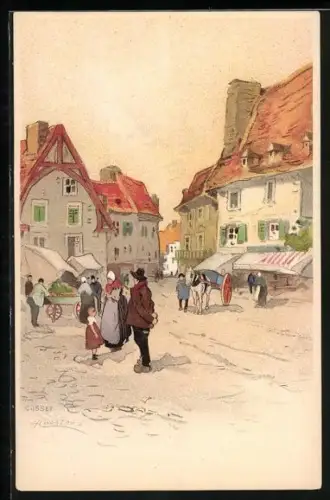 Künstler-Lithographie Henri Cassiers: Szene in Ortschaft