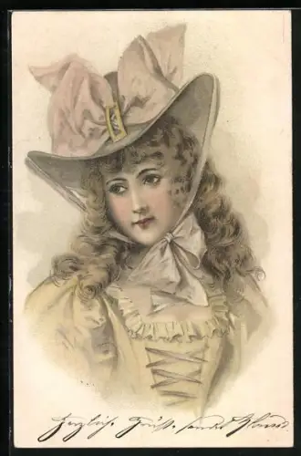 AK Junges Mädchen mit grossem Hut und Schleife unter dem Kinn, Jugendstil