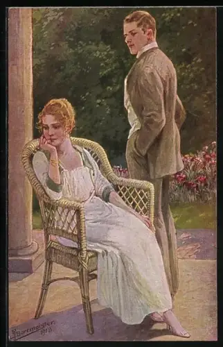 Künstler-AK R. Borrmeister: Junge Dame und Herr auf einer Terrasse