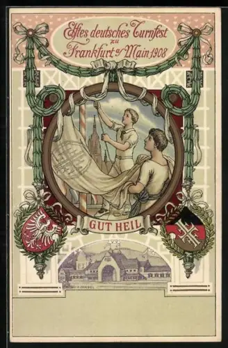 AK Frankfurt am Main, 11. Deutsches Turnfest, 1908, Fahne wird gehisst