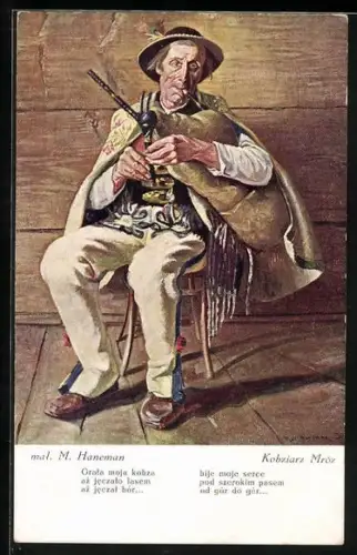 AK Dudelsackspieler in Tracht mit Umhang