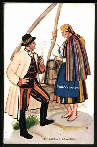 AK Typy ludowe Lowickie, Types polonais de Lowicz, Paar in polnischer Trachtenkleidung im Ziehbrunnen