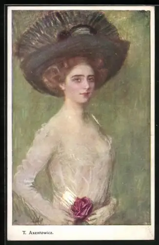 Künstler-AK Teodor Axentowicz: Junge Dame mit einer Rose
