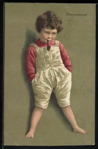 AK Knabe in Latzhose mit Pfeife