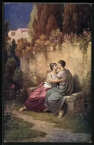 Künstler-AK sign.: sign. Mathauser: Römische Liebe, Liebespaar im römischen Garten bei Nacht