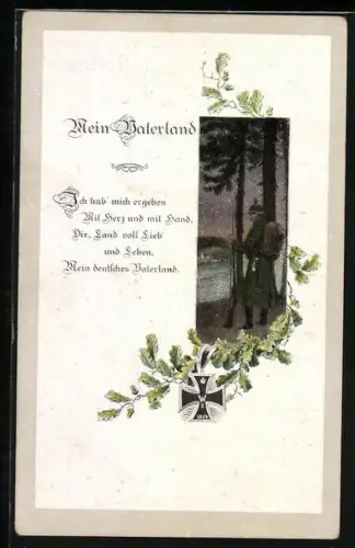 AK Mein Vaterland, Soldat mit Pickelhaube und Gewehr auf Wachposten, Eisernes Kreuz und Eichenlaub