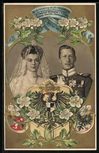 AK Kronprinz Wilhelm von Preussen mit Herzogin Cecilie v.Meklenburg-Schwerin, Erinnerung a.d.Vermählung 1905, Wappen