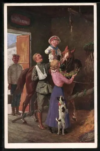 AK Kleiner Junge auf Pferd im Stall, daneben verletzer Soldat und Mutter mit Kranz, 1. Weltkrieg