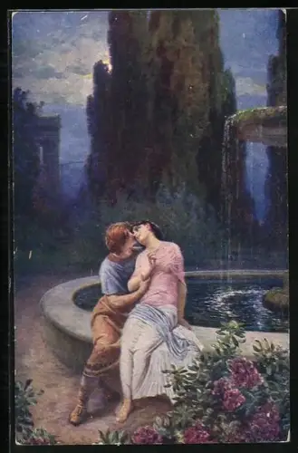 Künstler-AK Adolf Liebscher: Römische Liebe, Ein Paar sitzt sich liebkosend an einem Brunnen