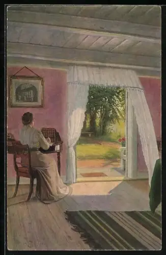 Künstler-AK sign. Sigvard Hansen: In der Sommerfrische, Dame in Zimmer mit offener Gartentür