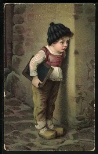 Künstler-AK Hermann Kaulbach: Junge auf dem Schulhof