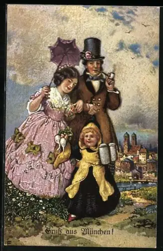 Künstler-AK München, Paar und Münchner Kindl vor der Stadt
