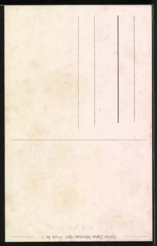 Künstler-AK München, Paar und Münchner Kindl vor der Stadt