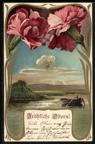 AK Rote Nelken, Ruderboot auf einem See, Jugendstil