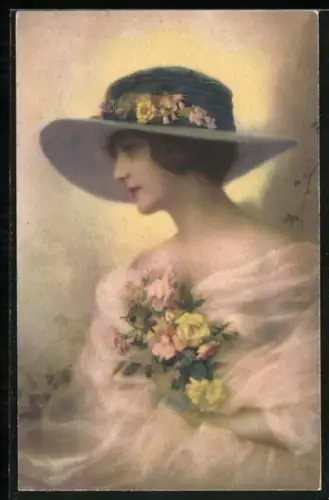 Künstler-AK Meissner & Buch (M&B) Nr. 2526: Dame mit Blumen und Hut