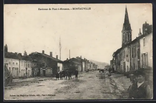 AK Montauville, Rue principale avec église et charrette à cheval