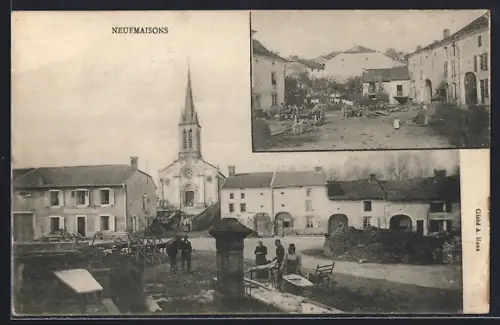 AK Neufmaisons, Vue de l`église et de la place du village avec habitants