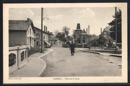 AK Nomeny, Place de la Gare avec cycliste sur la route