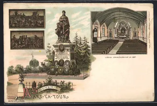 Lithographie Mars-la-Tour, Monument commémoratif et intérieur de l`église en 1897