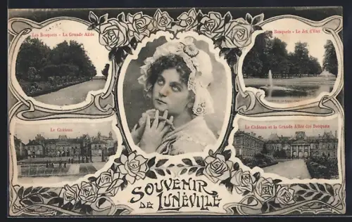 AK Lunéville, Souvenir de Lunéville avec le Château et les Bosquets