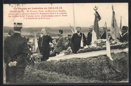 AK Gerbéviller, Discours de M. Mirman devant le monument aux soldats du 36e Colonial, 1914