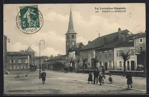 AK Pagny-sur-Moselle, Scène de rue animée avec église et habitants