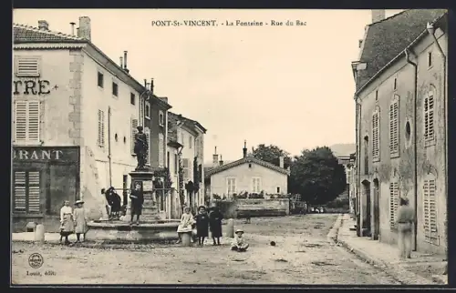 AK Pont-St-Vincent, La Fontaine, Rue du Bac avec des enfants jouant autour de la fontaine