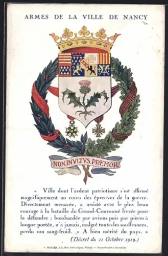 AK Nancy, Armes de la ville de Nancy avec inscription commémorative du décret du 11 octobre 1919