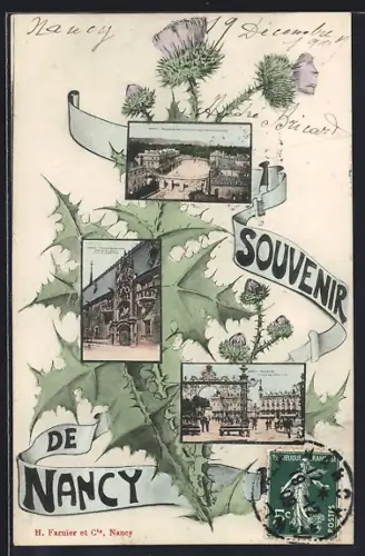 AK Nancy, Souvenir de Nancy avec scènes emblématiques et motifs floraux