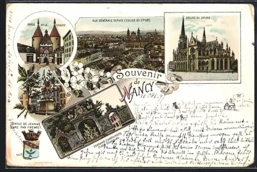 Lithographie Nancy, Souvenir de Nancy avec vues de la Porte de la Craffe et l`église St. Epvre