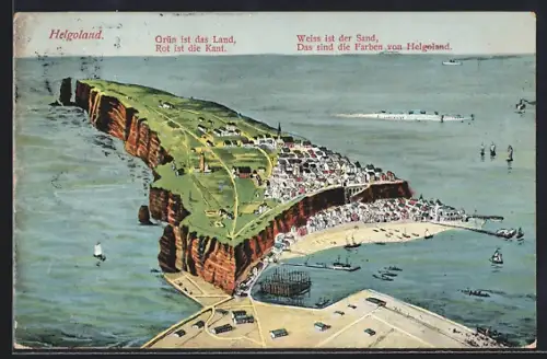AK Helgoland, Gesamtansicht der Insel, Klippen, Hafen, Strand