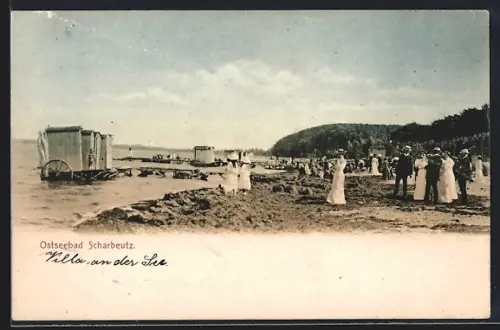 AK Scharbeutz, Strand mit Badekarren und Urlaubern