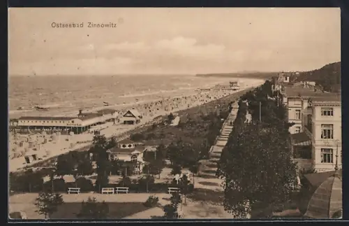 AK Zinnowitz, Strandpromenade, Strand, Seebrücke