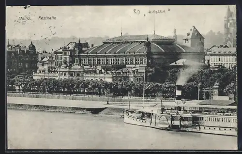 AK Mainz, Festhalle, Dampfschiff auf dem Rhein