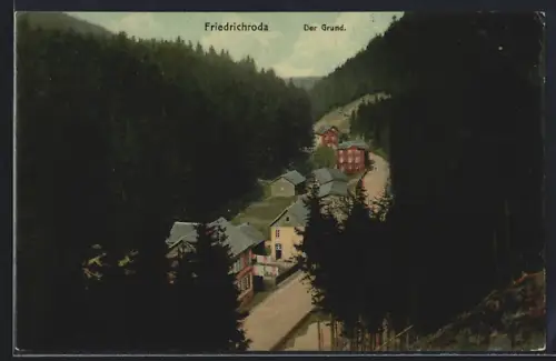 AK Friedrichroda, Der Grund, Talansicht mit Häusern und Wald
