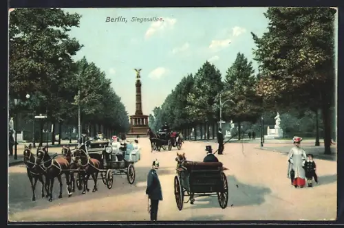 AK Berlin-Tiergarten, Siegesallee, Strassenansicht mit Kutschen und Siegessäule