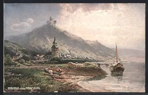 AK Braubach, Marksburg, Kirche, Rhein mit Booten