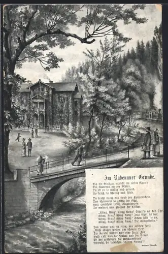 AK Rabenau / Sachsen, Gebäude im Rabenauer Grund, Brücke, Spaziergänger