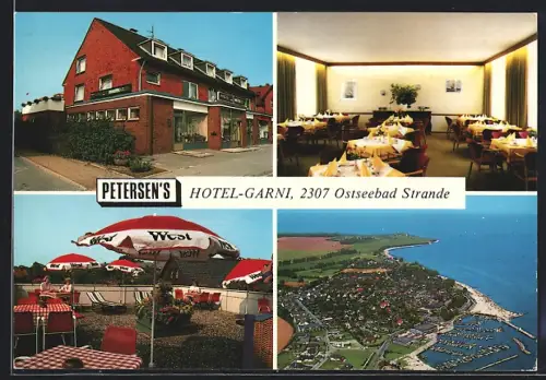AK Strande, Petersen`s Hotel-Garni, Restaurant, Terrasse, Luftbild