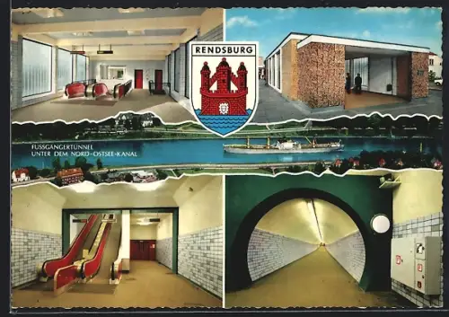 AK Rendsburg, Fussgängertunnel unter dem Nord-Ostsee-Kanal, Eingänge, Tunnelröhre, Rolltreppe