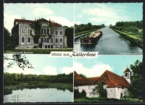 AK Kalkriese, Neues Schloss Barenaue, Weser-Ems-Kanal mit Motorschiff, Schloss Alt-Barenaue
