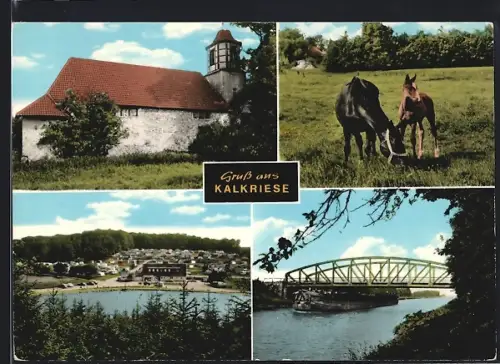 AK Kalkriese, Kirche, Pferdeweide, Weser-Ems-Kanal mit Brücke und Campingplatz