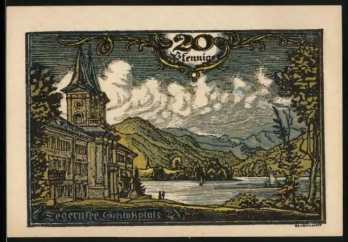 Notgeld Tegernsee 1921, 20 Pfennig, Schlossplatz am Seeufer und Wappen mit drei Kronen und Herzen