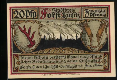 Notgeld Forst 1921, 20 Pfennig, Fabrikschornsteine und Webstuhl mit Weber-Motiv