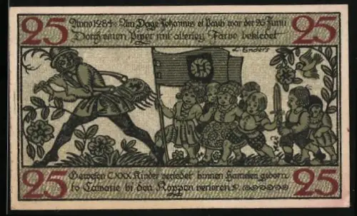 Notgeld Hameln 1918, 25 Pfennig, Rattenfänger-Motiv und Stadtwappen mit Löwen und Schwert