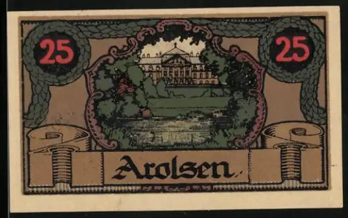 Notgeld Arolsen 1921, 25 Pfennig, Schlossansicht und geometrisches Symbol mit Strahlen