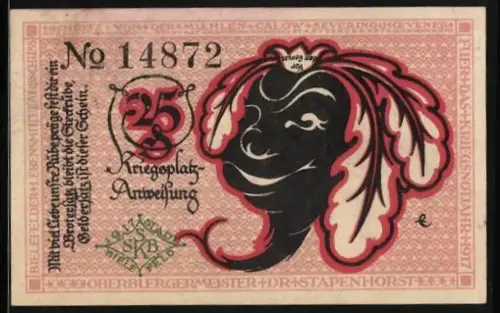 Notgeld Bielefeld 1917, 25 Pfennig, vermenschlichte Rübe und dekorativer Textgestaltung