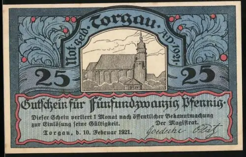 Notgeld Torgau 1921, 25 Pfennig, Kirche und Ritter als Motiv